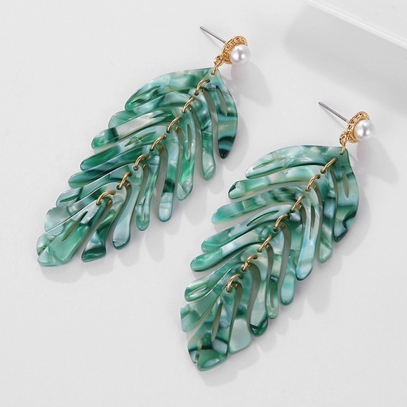 GREEN or WHITE Acrylic Leaf Earrings - Picture 2 of 6